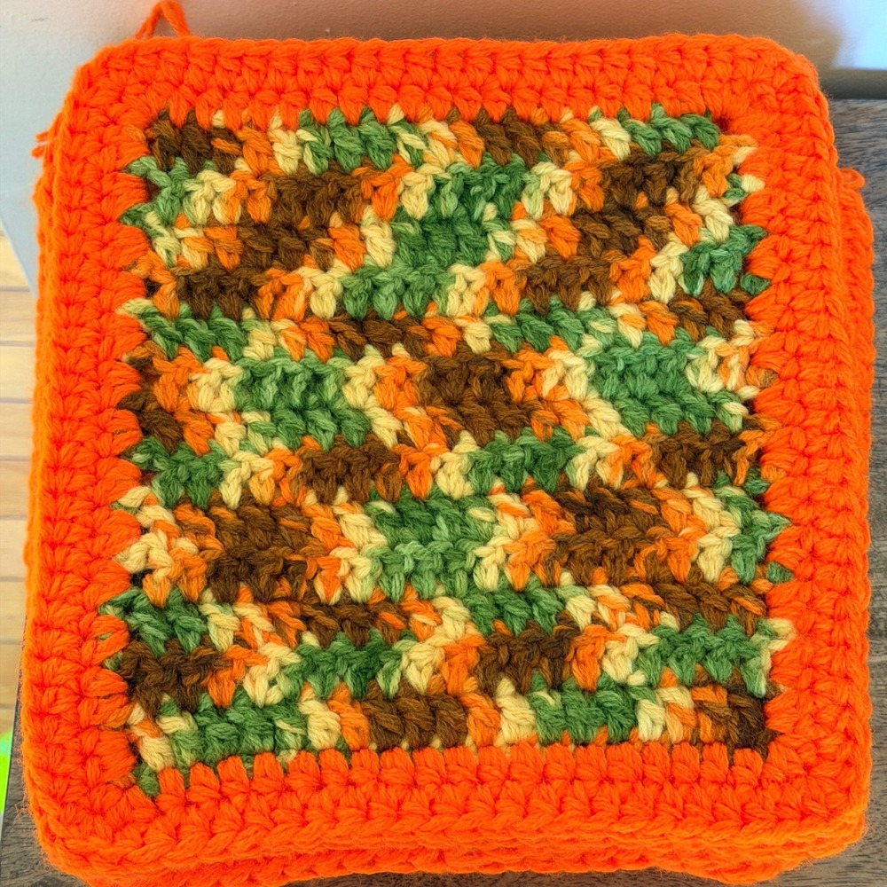 Vintage Handmade Crochet Afghan Squares 10pc 11x11 Orange Camo Boho Craft Supply